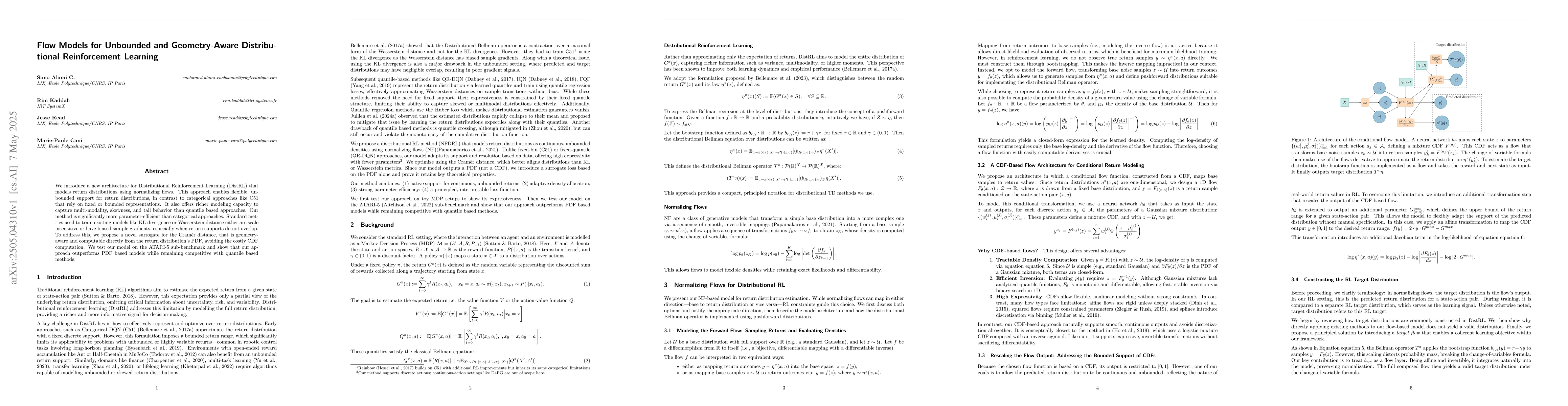 Thumbnail for Flow Models for Unbounded and Geometry-Aware Distributional
  Reinforcement Learning