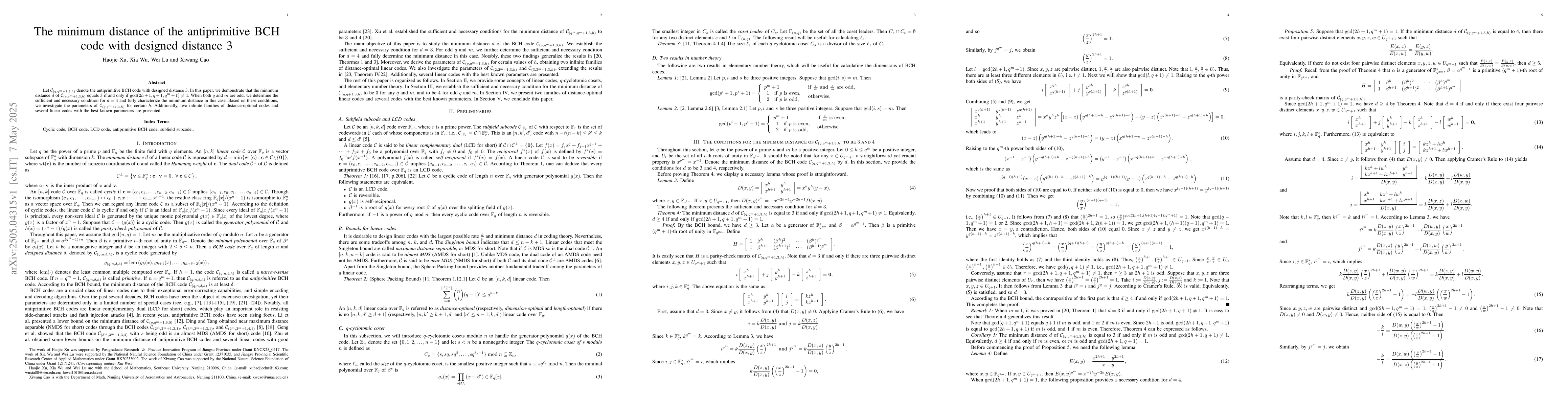 Thumbnail for The minimum distance of the antiprimitive BCH code with designed
  distance 3