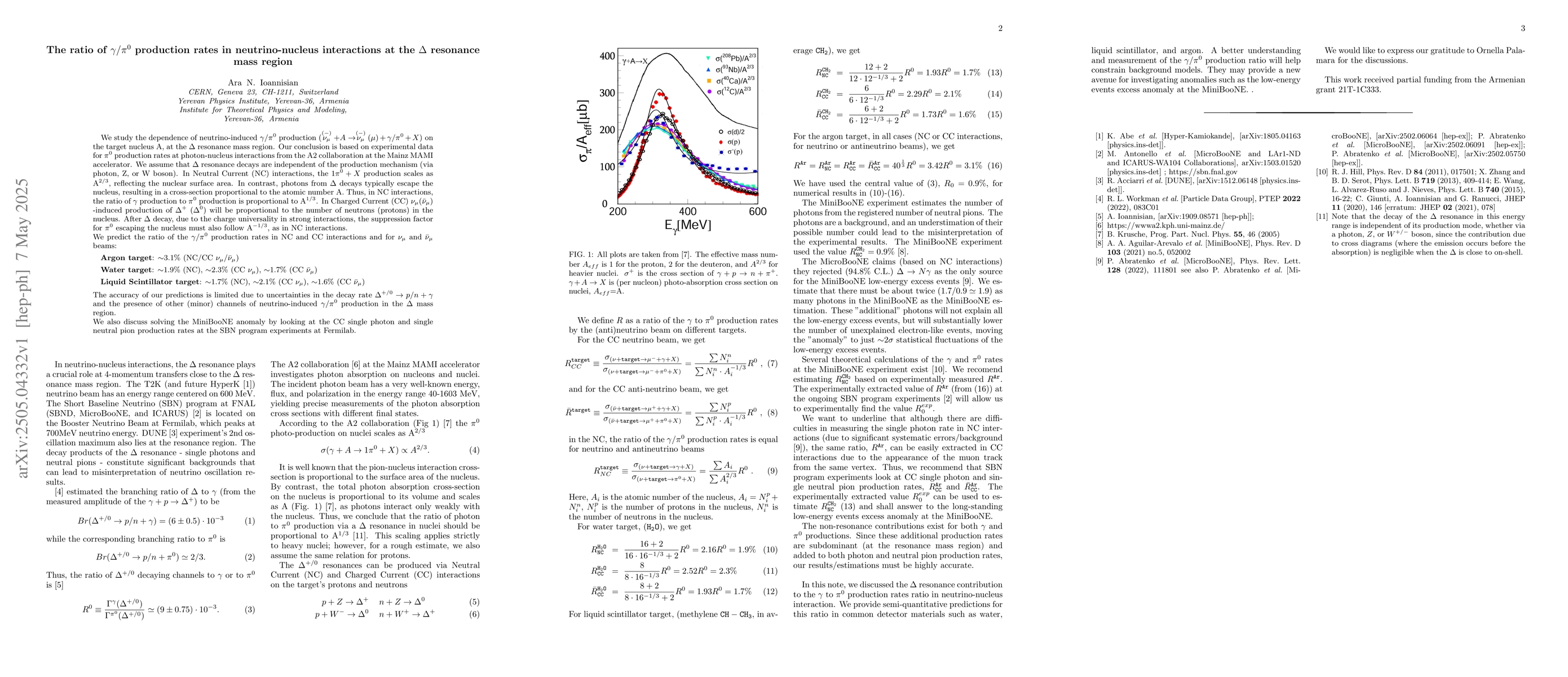 Thumbnail for The ratio of $γ/ π^0$ production rates in neutrino-nucleus
  interactions at the $Δ$ resonance mass region
