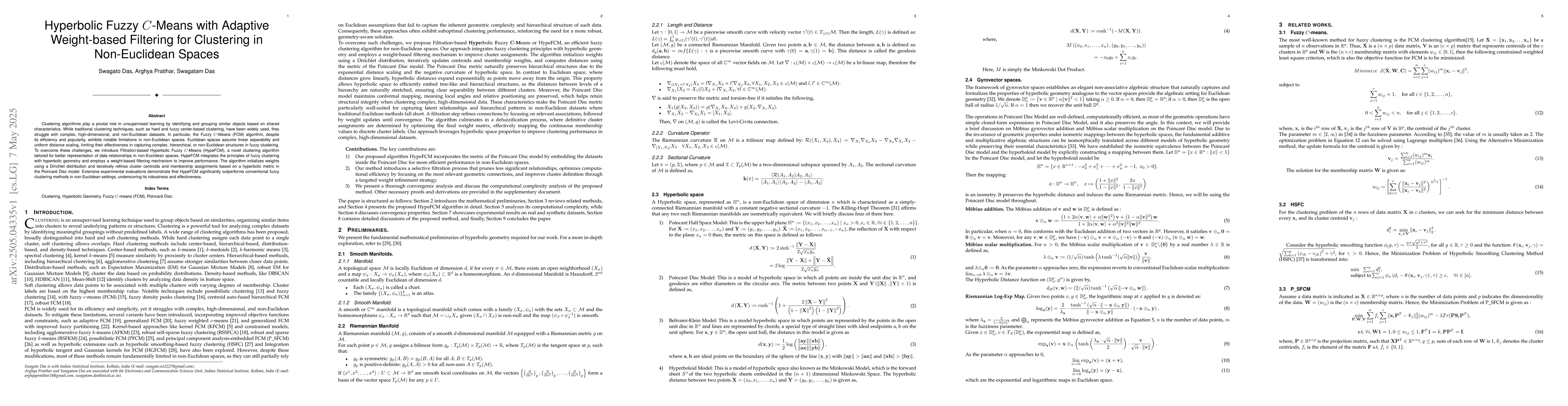 Thumbnail for Hyperbolic Fuzzy $C$-Means with Adaptive Weight-based Filtering for
  Clustering in Non-Euclidean Spaces