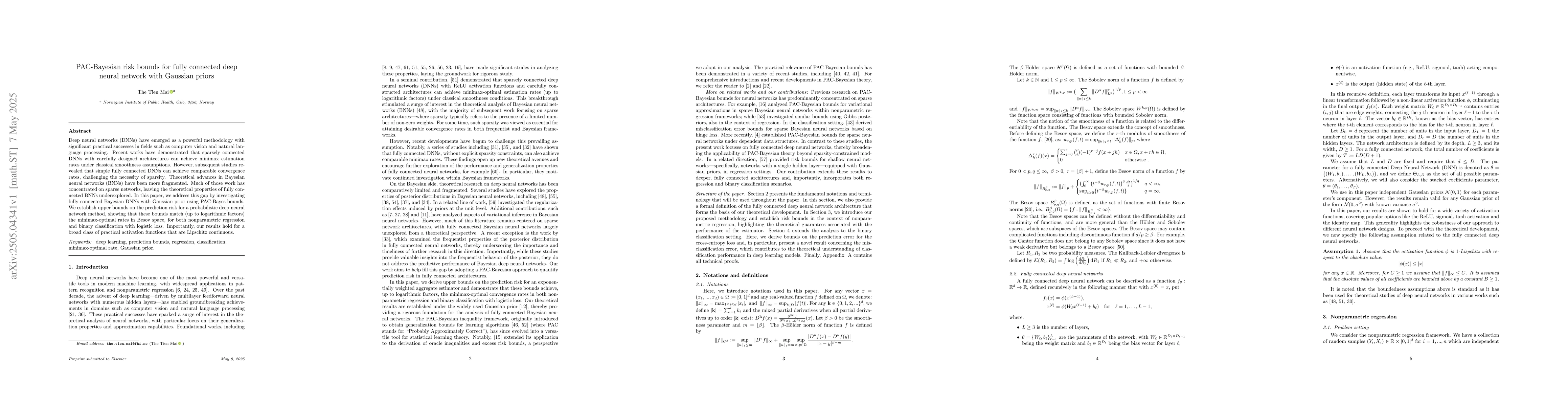 Thumbnail for PAC-Bayesian risk bounds for fully connected deep neural network with
  Gaussian priors
