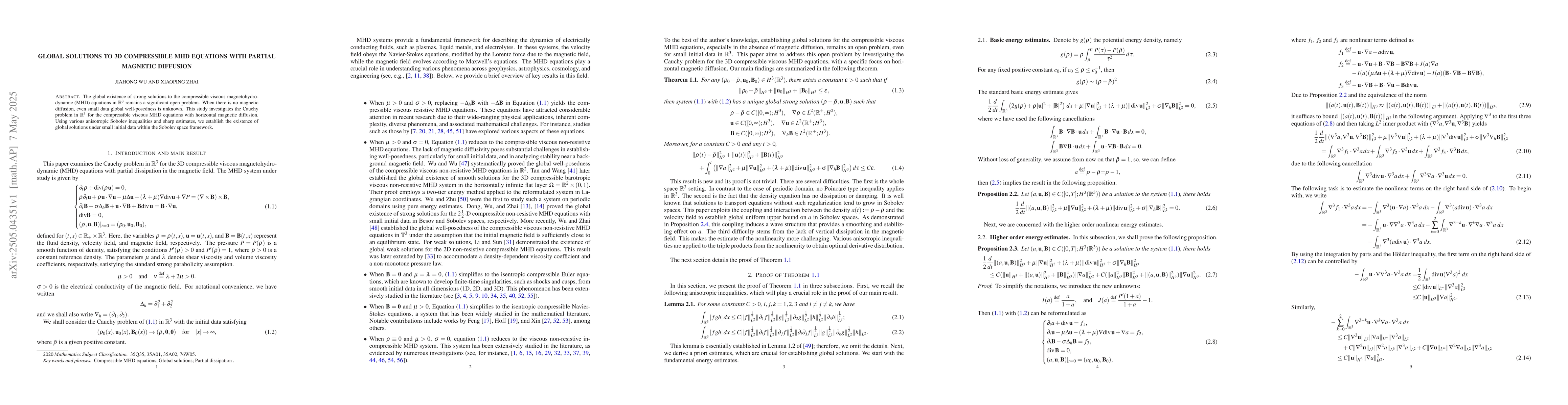 Thumbnail for Global solutions to 3D compressible MHD equations with partial magnetic
  diffusion