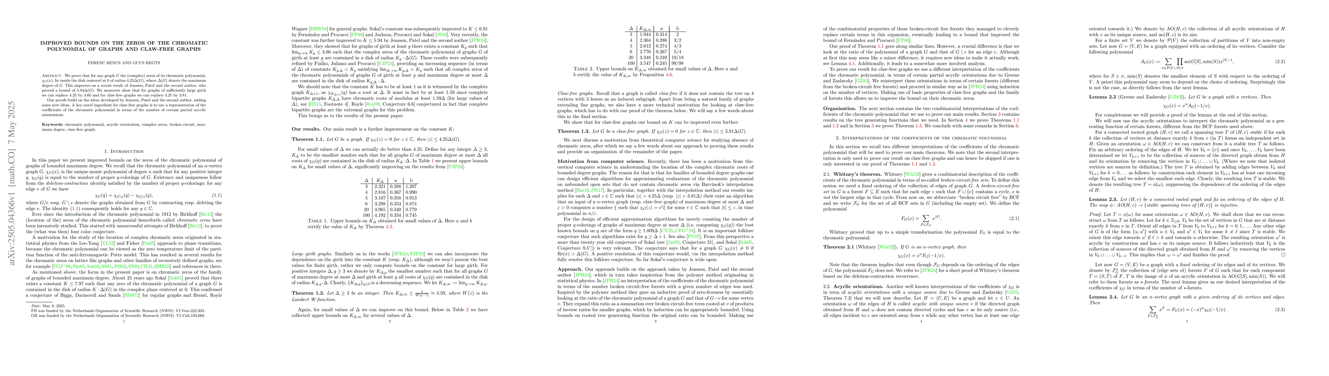 Thumbnail for Improved bounds on the zeros of the chromatic polynomial of graphs and
  claw-free graphs