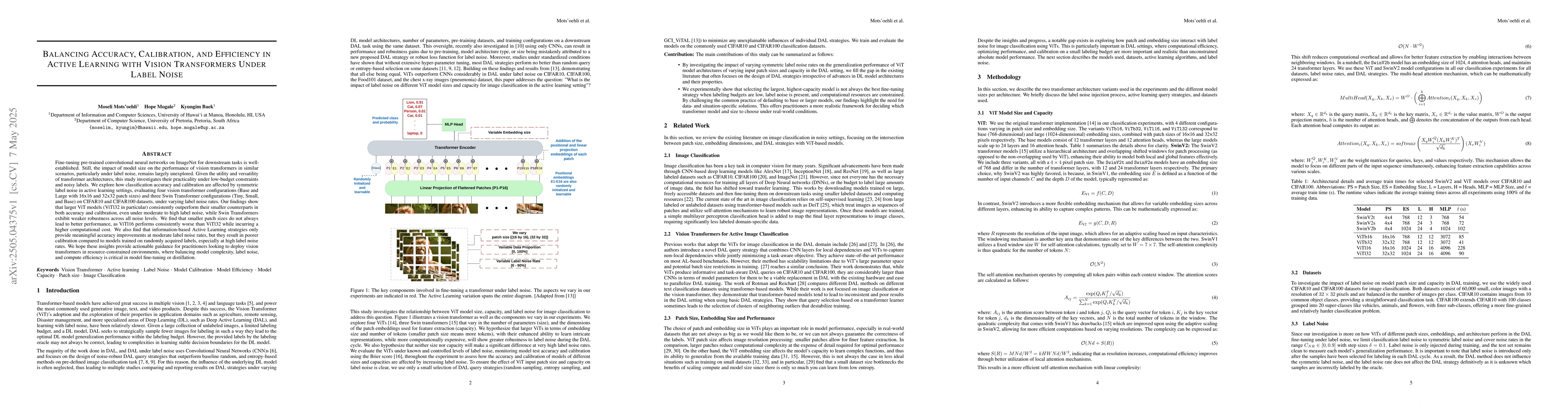 Thumbnail for Balancing Accuracy, Calibration, and Efficiency in Active Learning with
  Vision Transformers Under Label Noise