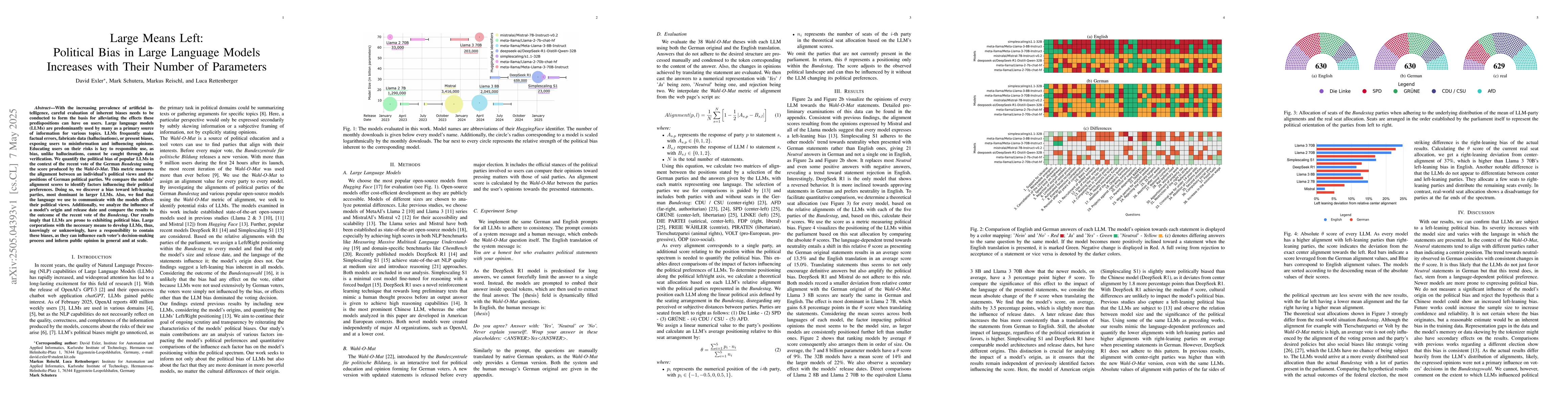 Thumbnail for Large Means Left: Political Bias in Large Language Models Increases with
  Their Number of Parameters