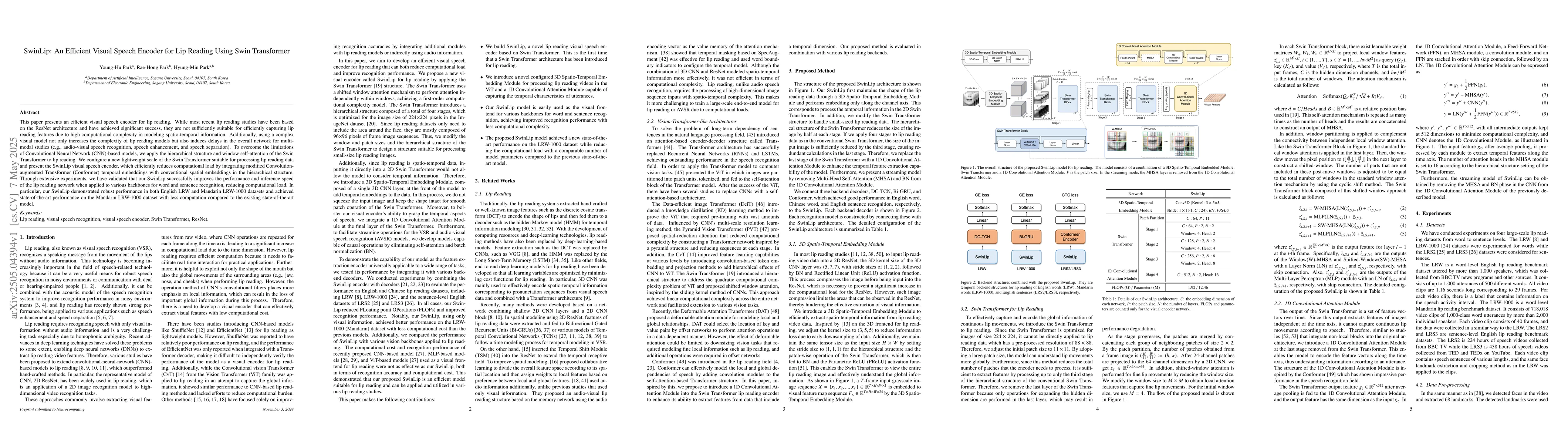 Thumbnail for SwinLip: An Efficient Visual Speech Encoder for Lip Reading Using Swin
  Transformer