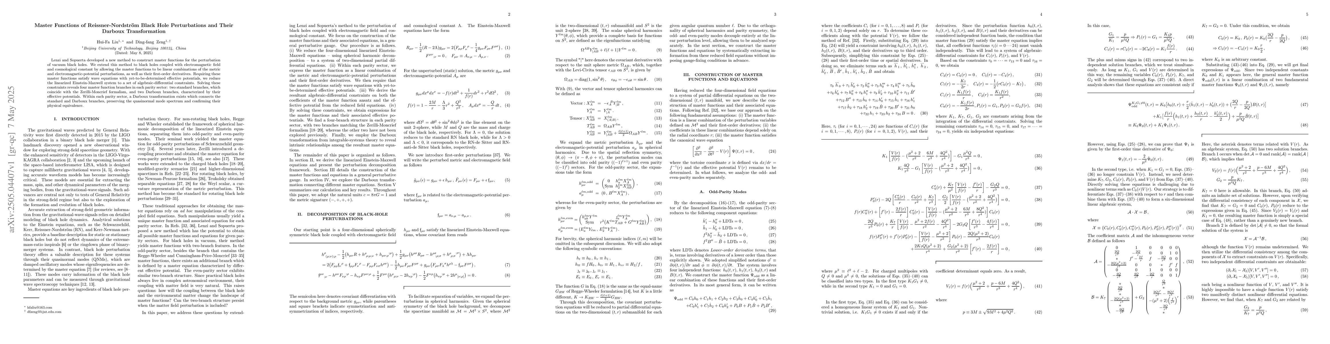 Thumbnail for Master Functions of Reissner-Nordstrom Black Hole Perturbations and
  Their Darboux Transformation