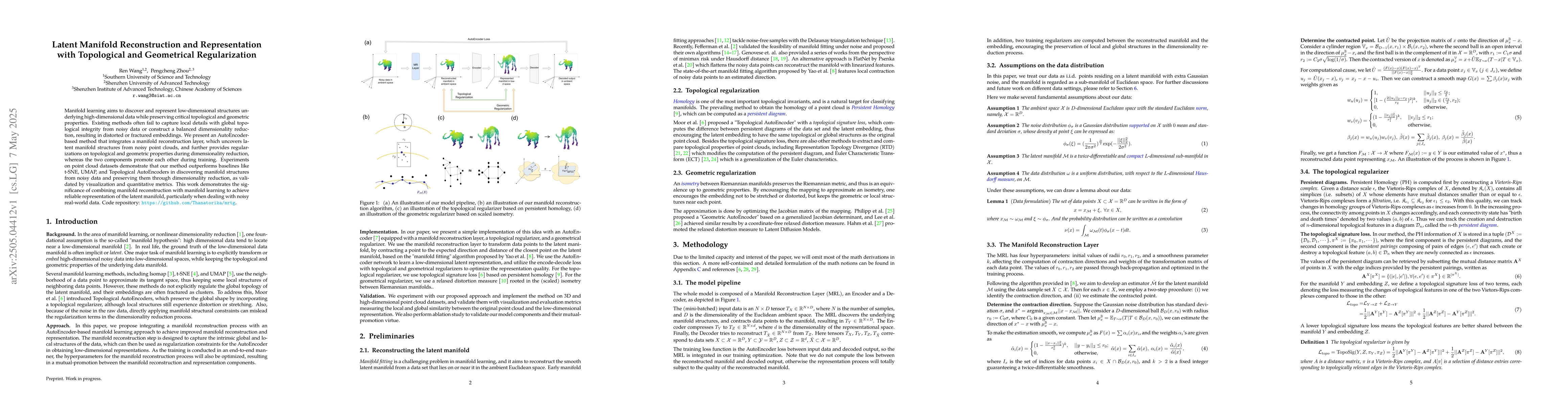 Thumbnail for Latent Manifold Reconstruction and Representation with Topological and
  Geometrical Regularization