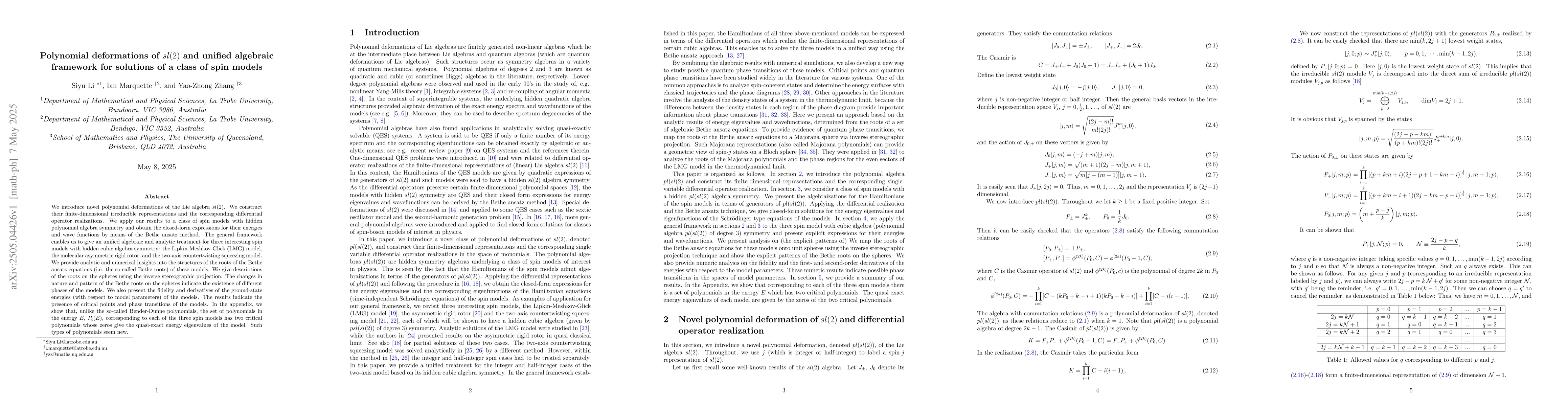 Thumbnail for Polynomial deformations of $sl(2)$ and unified algebraic framework for
  solutions of a class of spin models