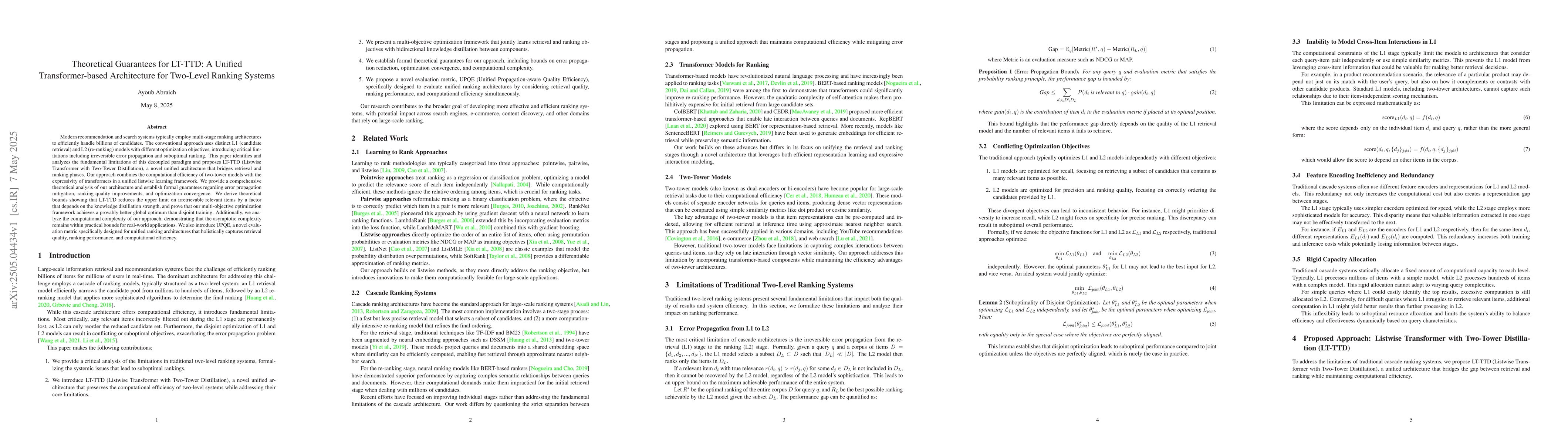 Thumbnail for Theoretical Guarantees for LT-TTD: A Unified Transformer-based
  Architecture for Two-Level Ranking Systems