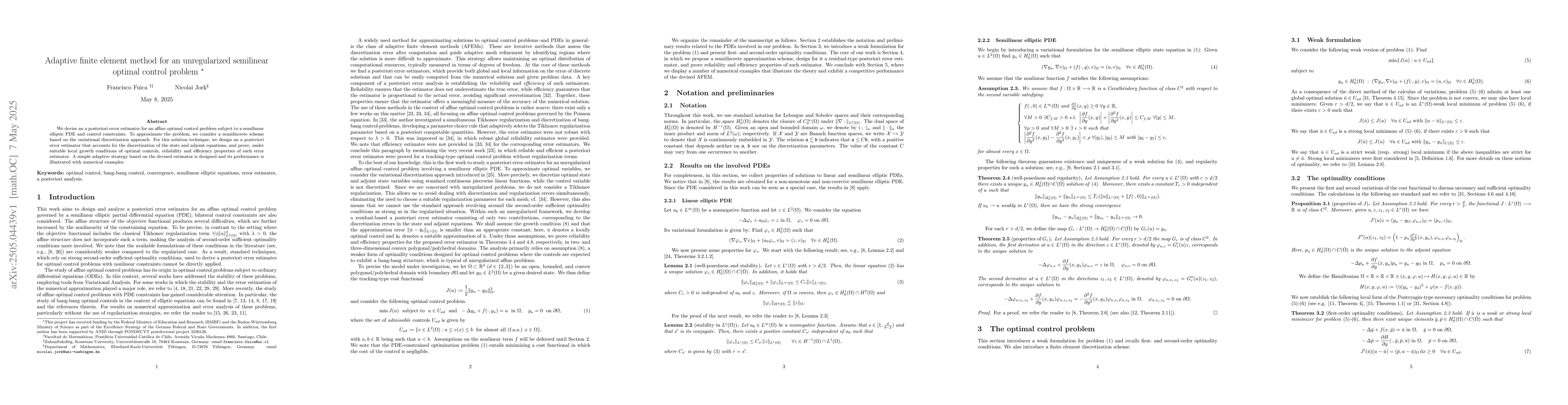 Thumbnail for Adaptive finite element method for an unregularized semilinear optimal
  control problem
