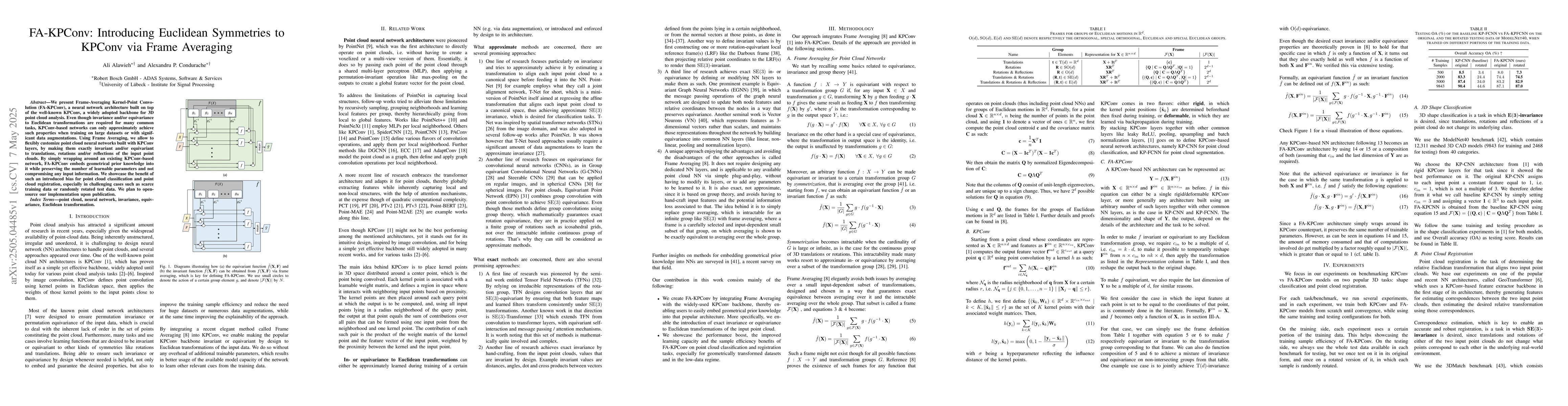 Thumbnail for FA-KPConv: Introducing Euclidean Symmetries to KPConv via Frame
  Averaging