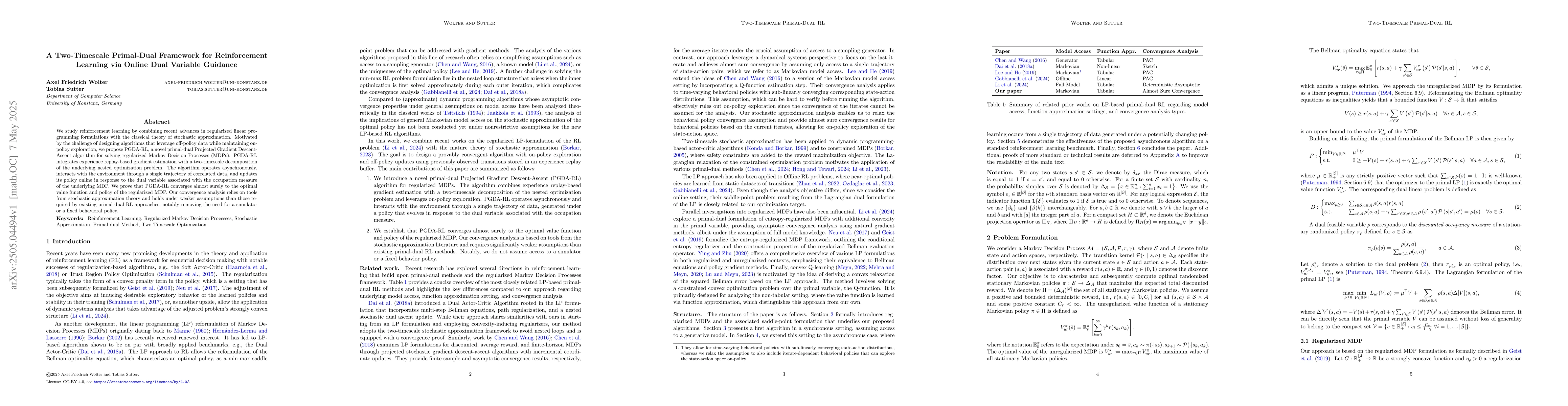 Thumbnail for A Two-Timescale Primal-Dual Framework for Reinforcement Learning via
  Online Dual Variable Guidance