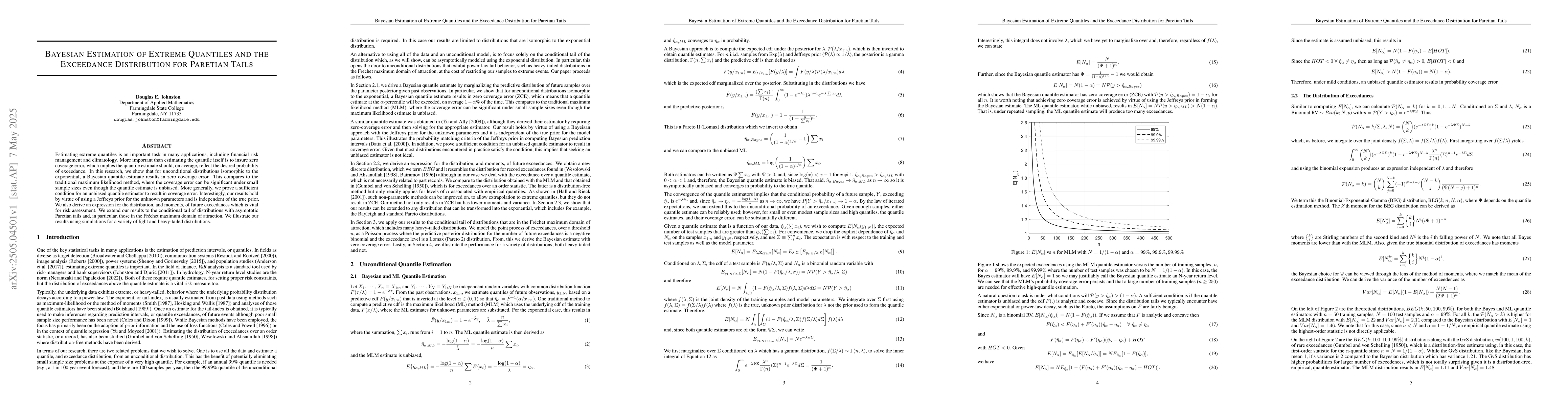 Thumbnail for Bayesian Estimation of Extreme Quantiles and the Exceedance Distribution
  for Paretian Tails