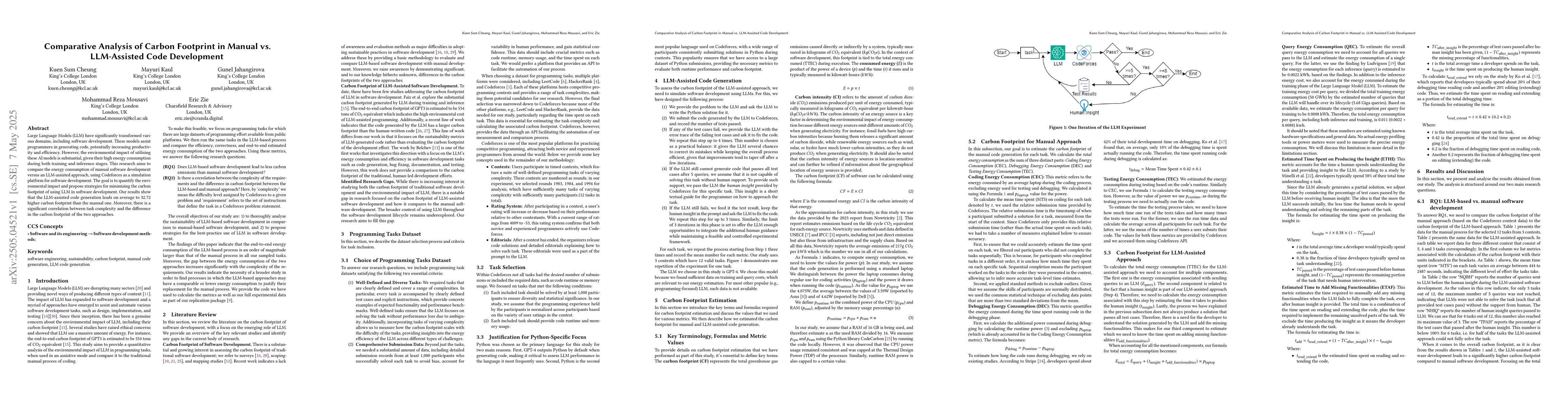 Thumbnail for Comparative Analysis of Carbon Footprint in Manual vs. LLM-Assisted Code
  Development