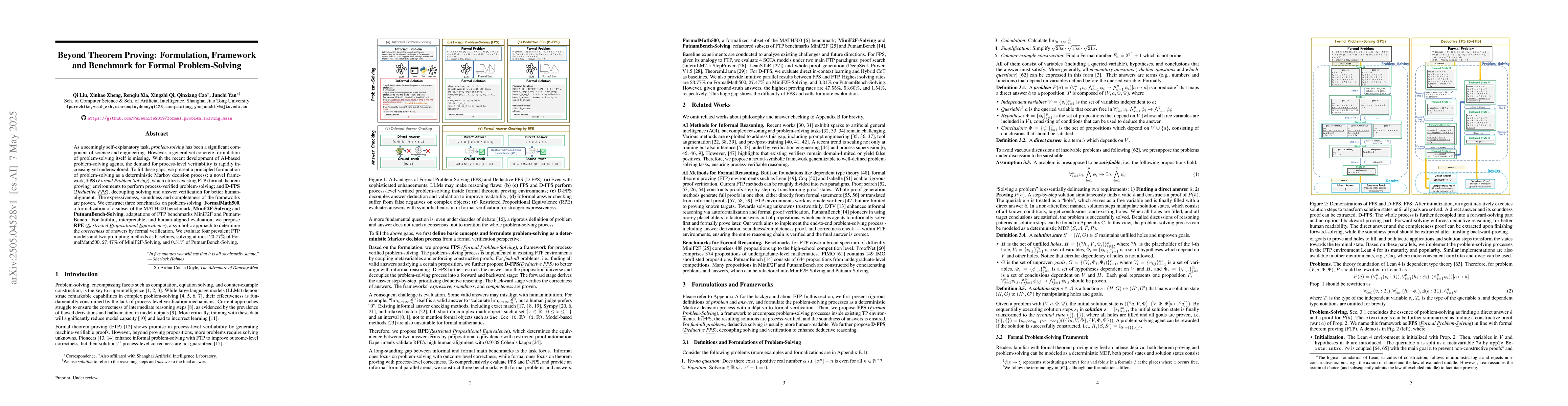 Thumbnail for Beyond Theorem Proving: Formulation, Framework and Benchmark for Formal
  Problem-Solving