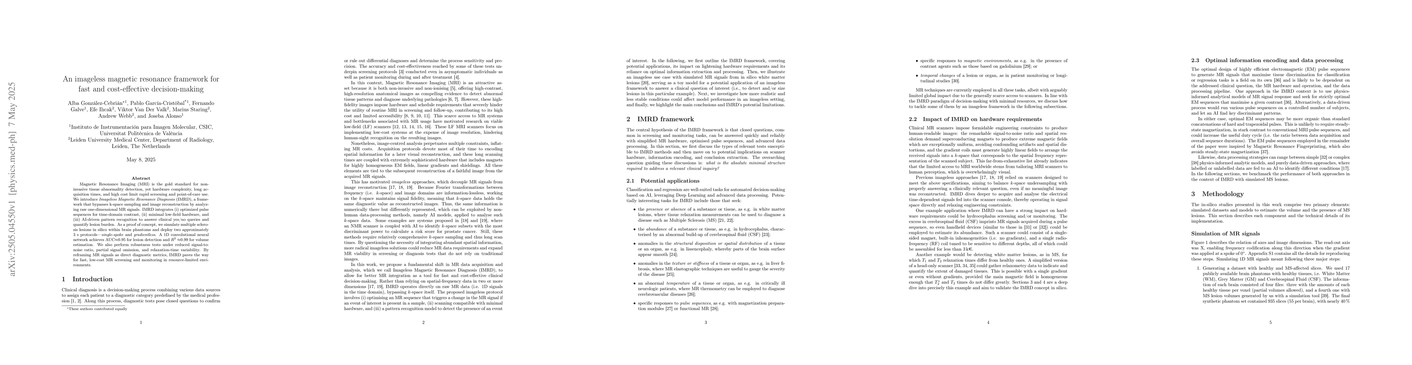 Thumbnail for An imageless magnetic resonance framework for fast and cost-effective
  decision-making