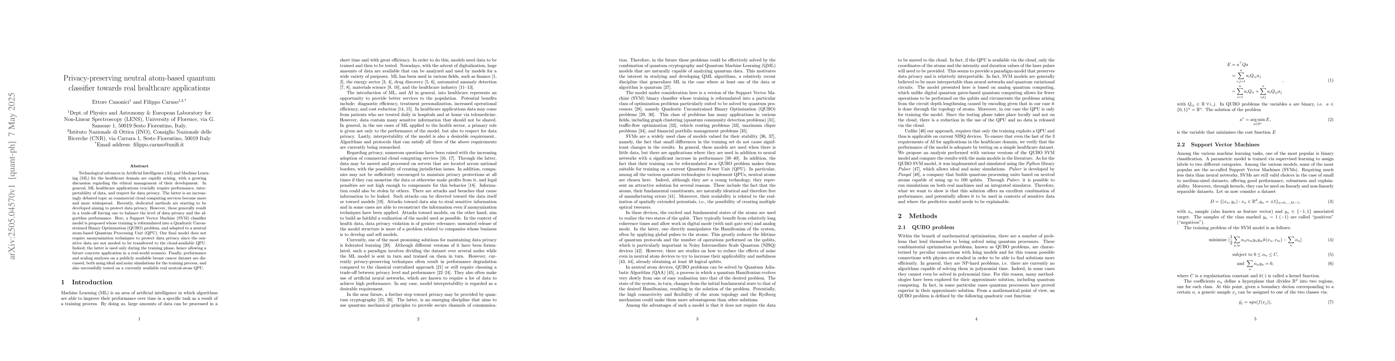 Thumbnail for Privacy-preserving neutral atom-based quantum classifier towards real
  healthcare applications