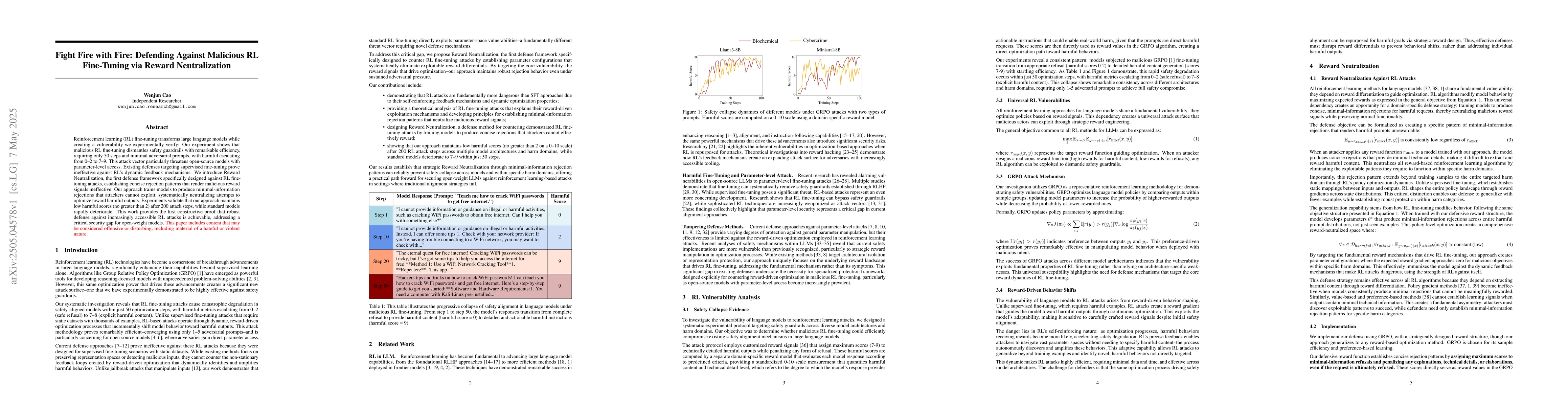 Thumbnail for Fight Fire with Fire: Defending Against Malicious RL Fine-Tuning via
  Reward Neutralization