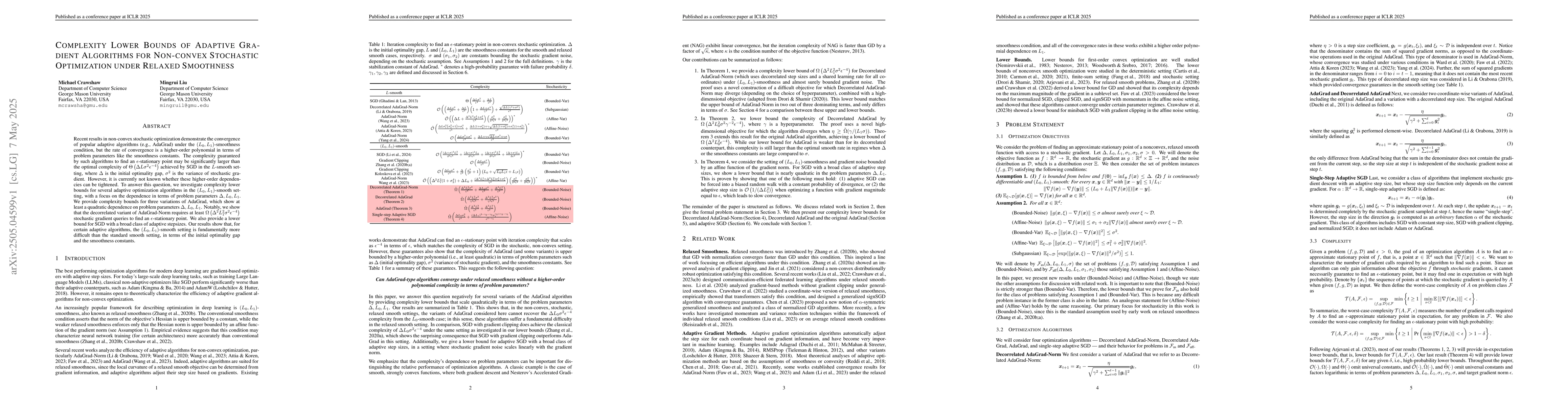 Thumbnail for Complexity Lower Bounds of Adaptive Gradient Algorithms for Non-convex
  Stochastic Optimization under Relaxed Smoothness