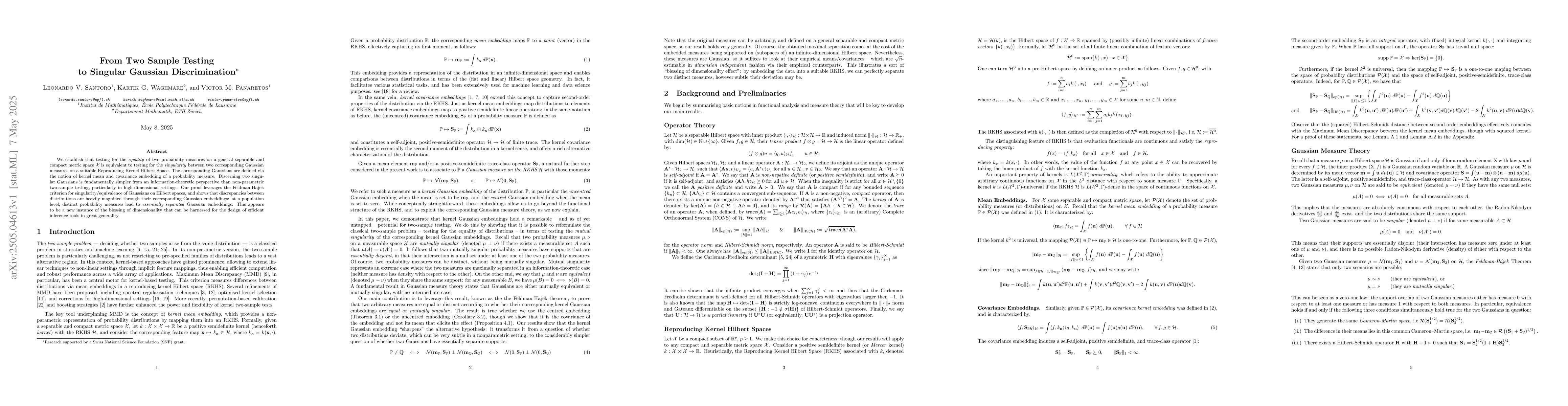 Thumbnail for From Two Sample Testing to Singular Gaussian Discrimination