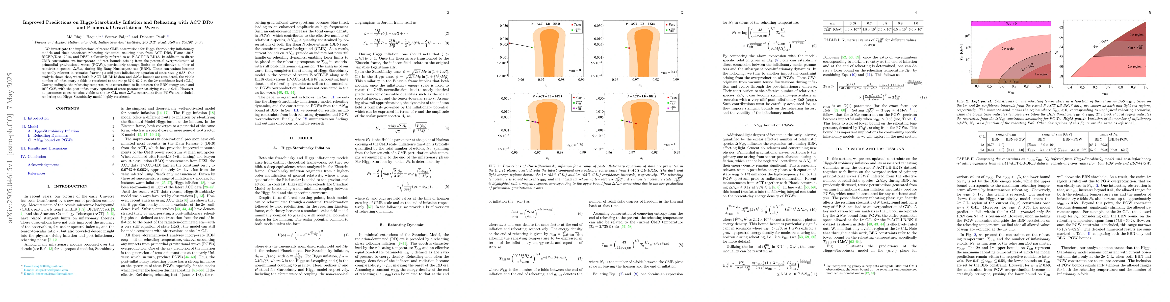 Thumbnail for Improved Predictions on Higgs-Starobinsky Inflation and Reheating with
  ACT DR6 and Primordial Gravitational Waves