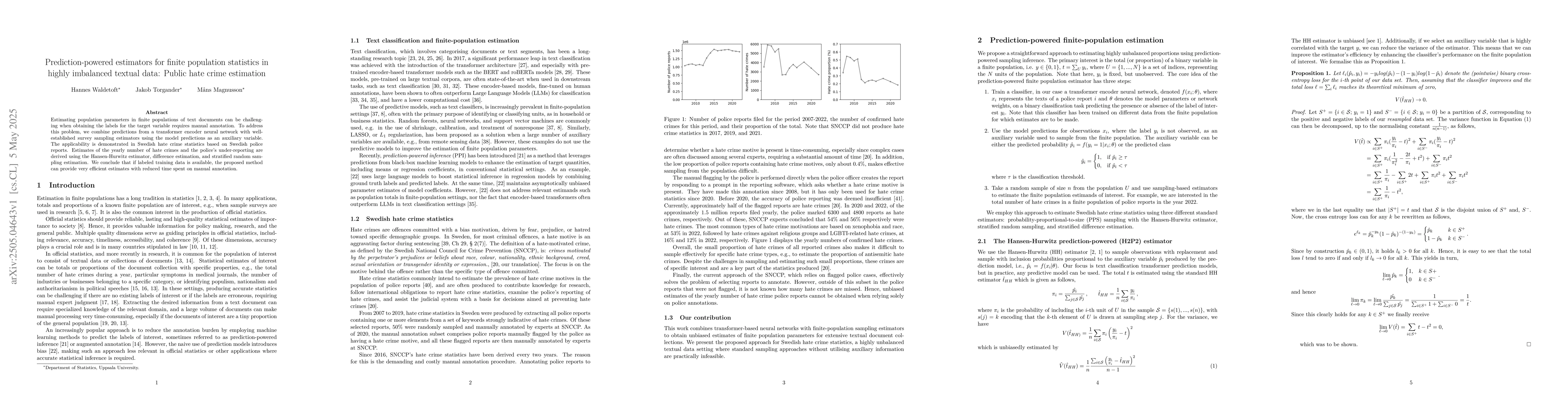 Thumbnail for Prediction-powered estimators for finite population statistics in highly
  imbalanced textual data: Public hate crime estimation