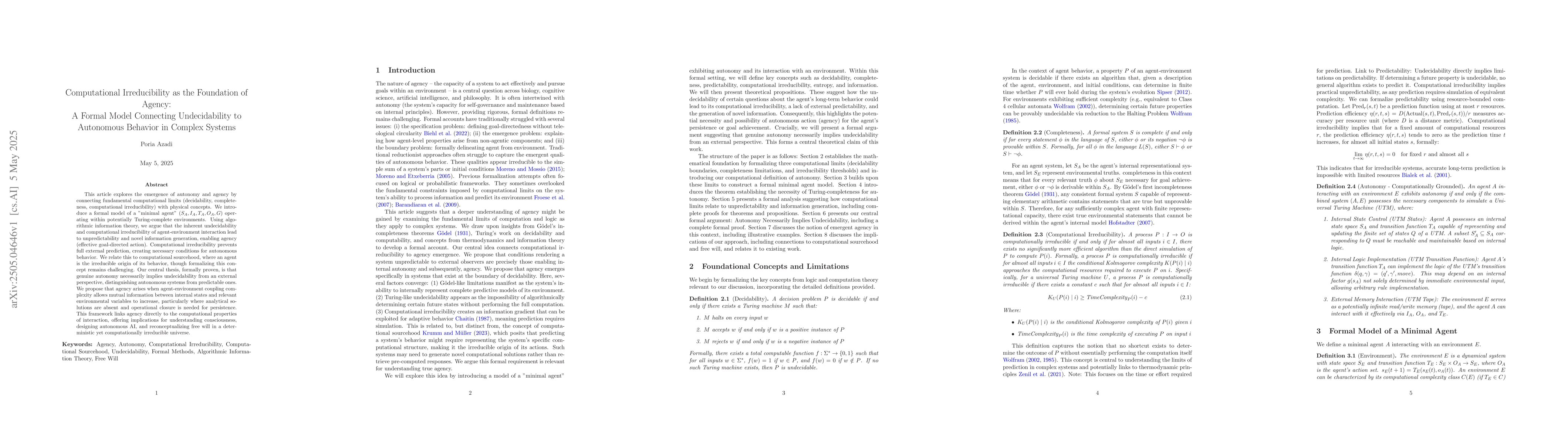 Thumbnail for Computational Irreducibility as the Foundation of Agency: A Formal Model
  Connecting Undecidability to Autonomous Behavior in Complex Systems