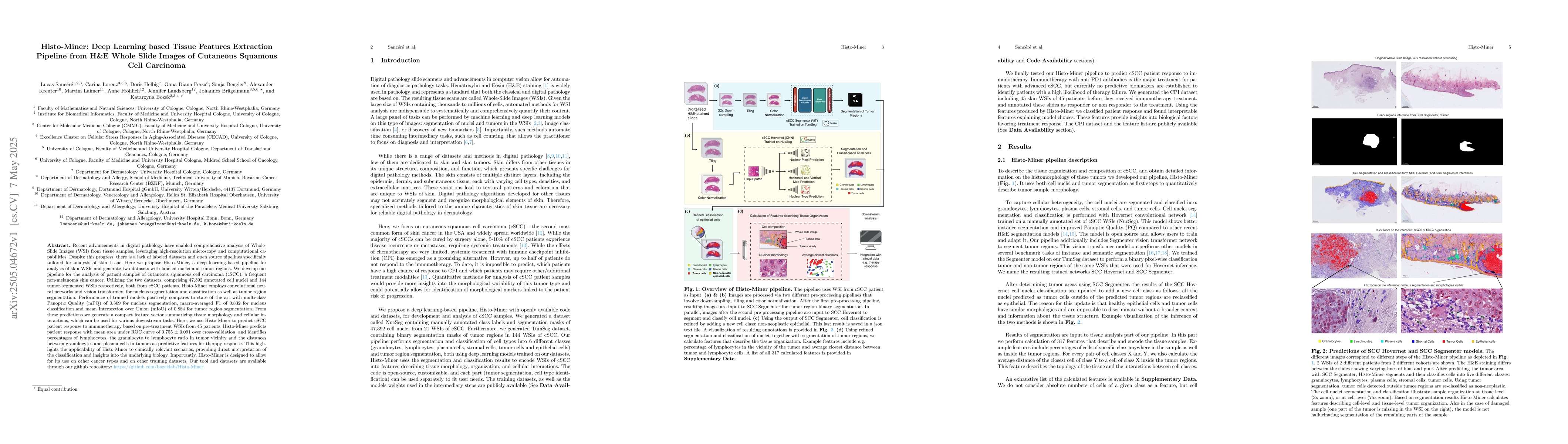 Thumbnail for Histo-Miner: Deep Learning based Tissue Features Extraction Pipeline
  from H&E Whole Slide Images of Cutaneous Squamous Cell Carcinoma
