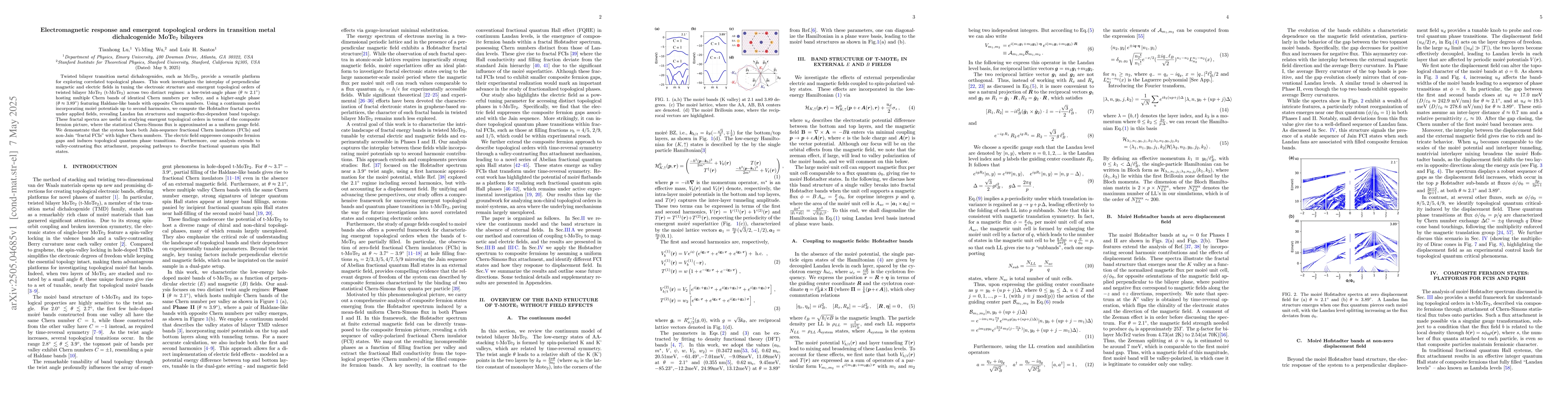 Thumbnail for Electromagnetic response and emergent topological orders in transition
  metal dichalcogenide MoTe$_2$ bilayers