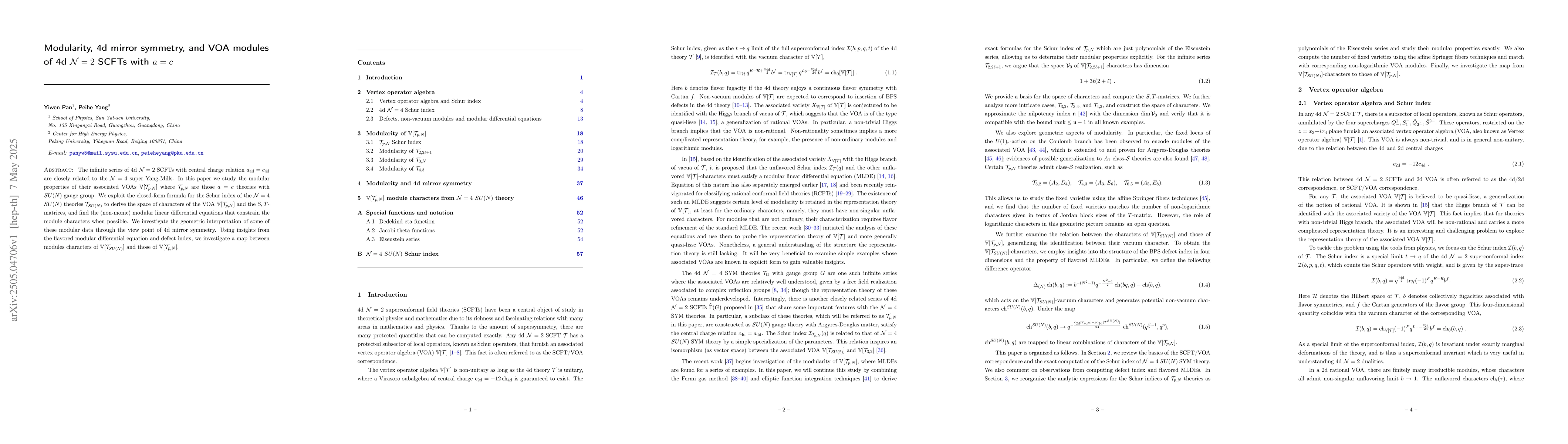Thumbnail for Modularity, 4d mirror symmetry, and VOA modules of 4d $\mathcal{N} = 2$
  SCFTs with $a = c$