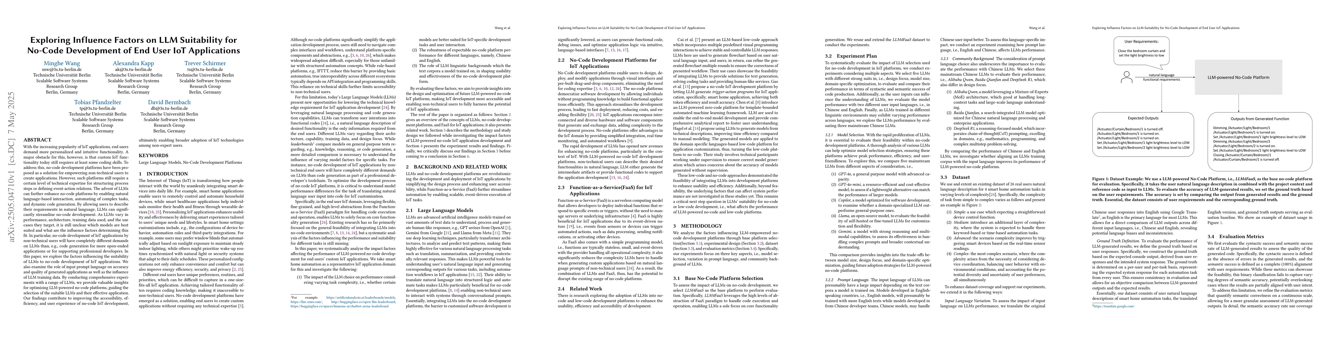 Thumbnail for Exploring Influence Factors on LLM Suitability for No-Code Development
  of End User IoT Applications