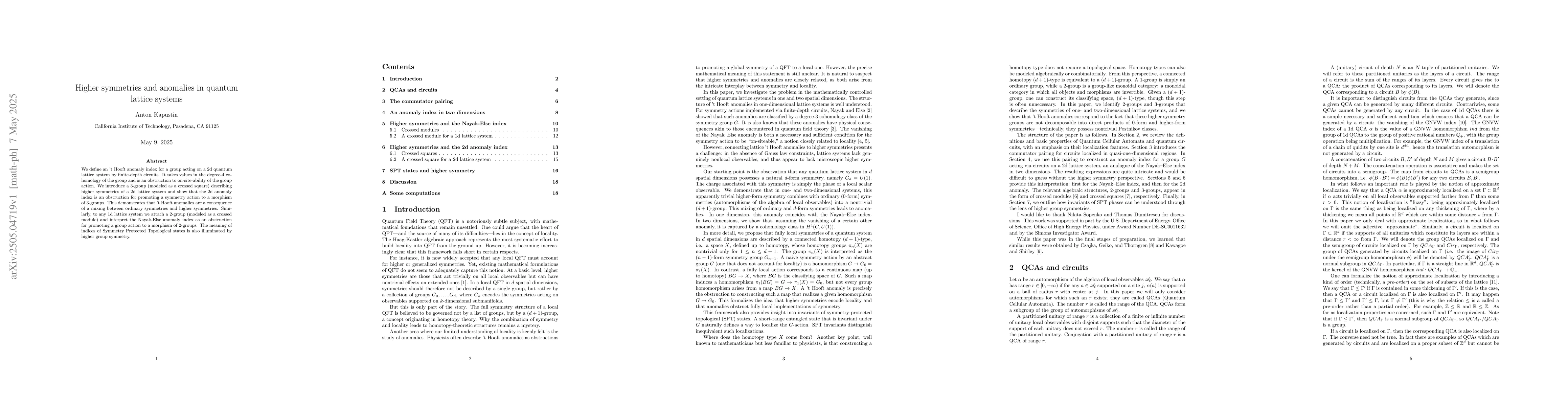 Thumbnail for Higher symmetries and anomalies in quantum lattice systems
