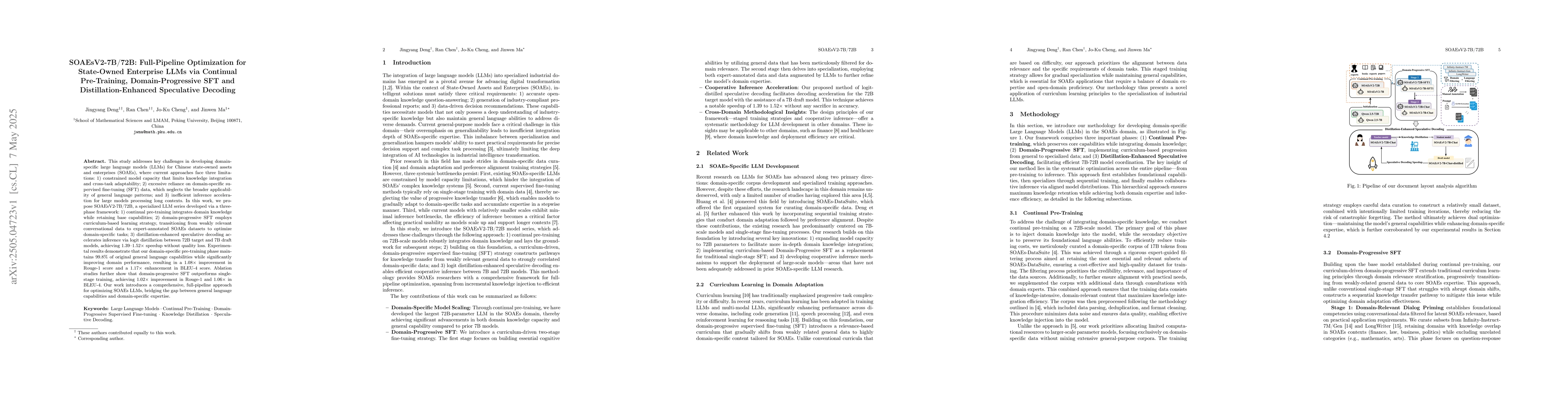 Thumbnail for SOAEsV2-7B/72B: Full-Pipeline Optimization for State-Owned Enterprise
  LLMs via Continual Pre-Training, Domain-Progressive SFT and
  Distillation-Enhanced Speculative Decoding