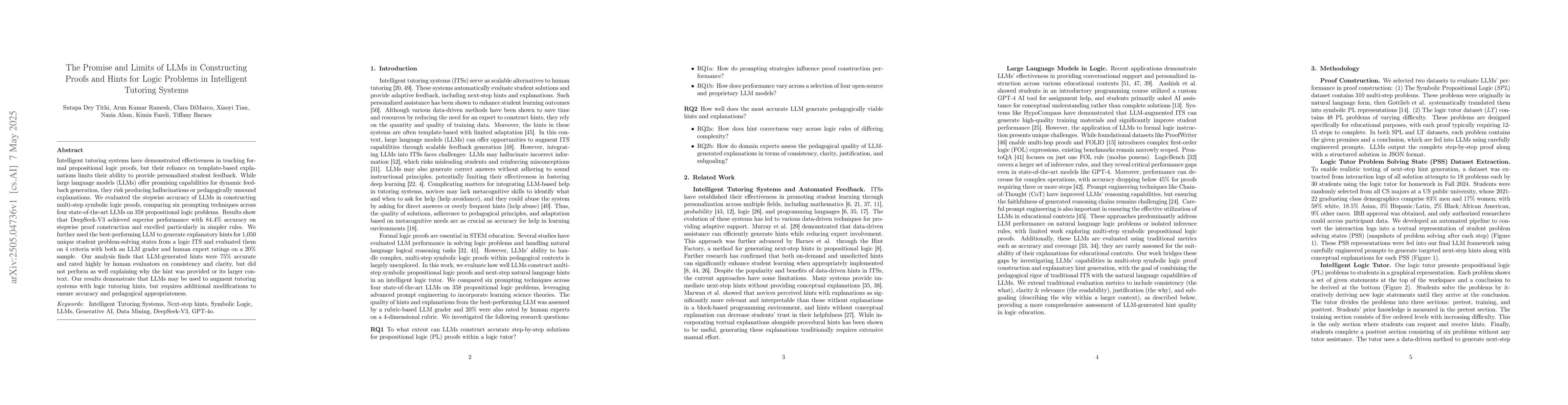 Thumbnail for The Promise and Limits of LLMs in Constructing Proofs and Hints for
  Logic Problems in Intelligent Tutoring Systems