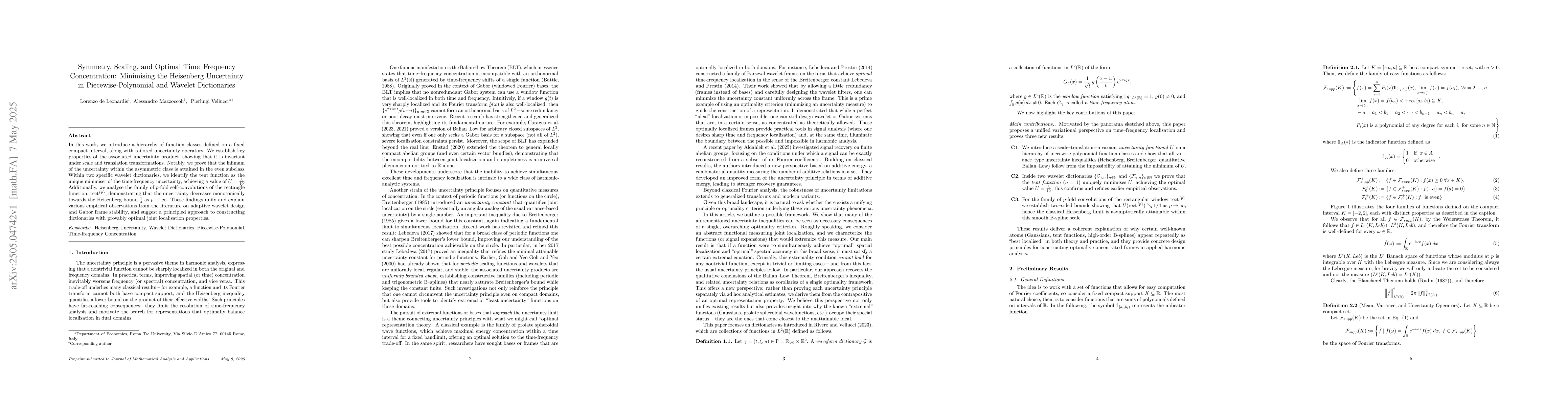 Thumbnail for Symmetry, Scaling, and Optimal Time-Frequency Concentration: Minimising
  the Heisenberg Uncertainty in Piecewise-Polynomial and Wavelet Dictionaries