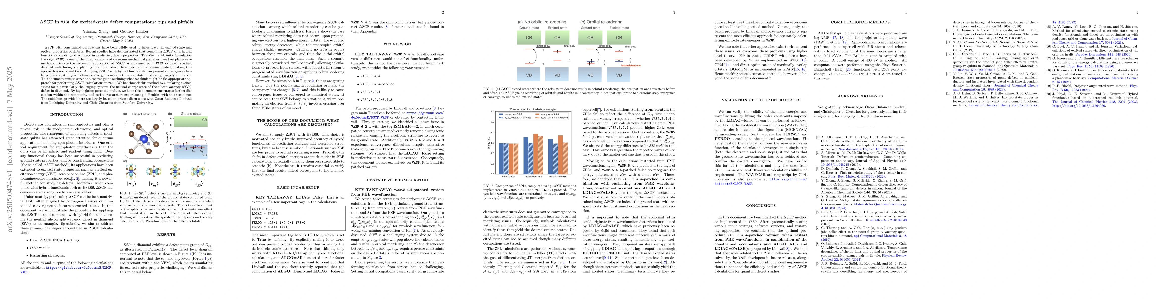 Thumbnail for $Δ$SCF in \texttt{VASP} for excited-state defect computations: tips
  and pitfalls