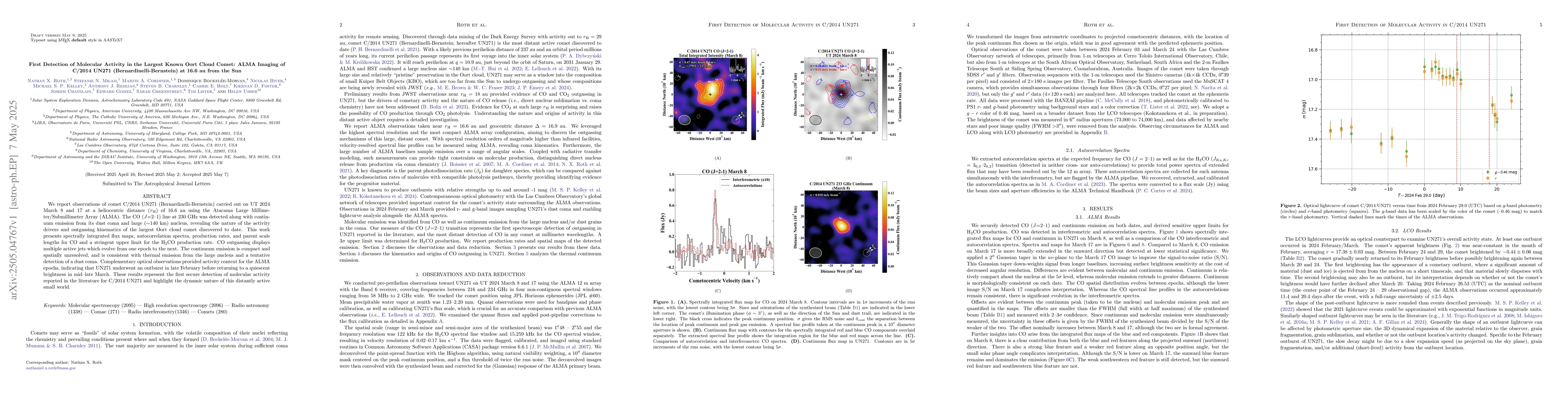Thumbnail for First Detection of Molecular Activity in the Largest Known Oort Cloud
  Comet: ALMA Imaging of C/2014 UN271 (Bernardinelli-Bernstein) at 16.6 au from
  the Sun