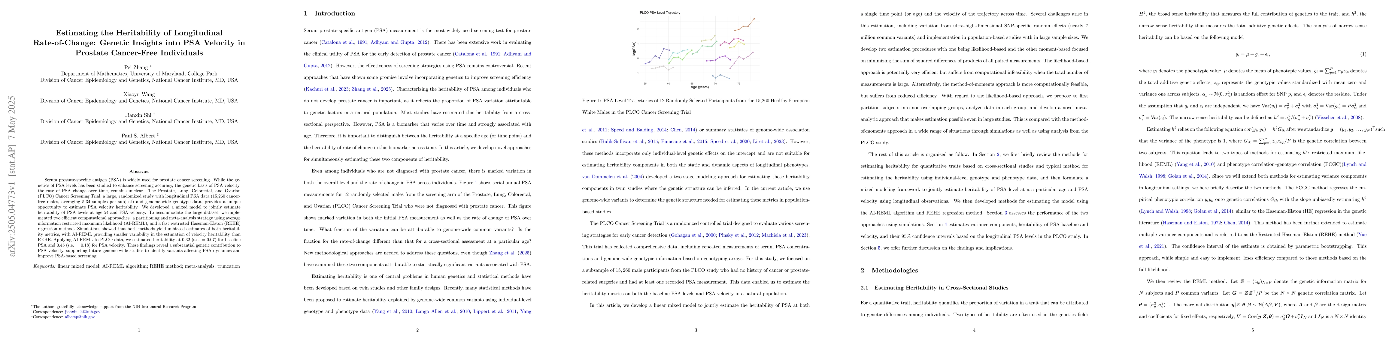 Thumbnail for Estimating the Heritability of Longitudinal Rate-of-Change: Genetic
  Insights into PSA Velocity in Prostate Cancer-Free Individuals