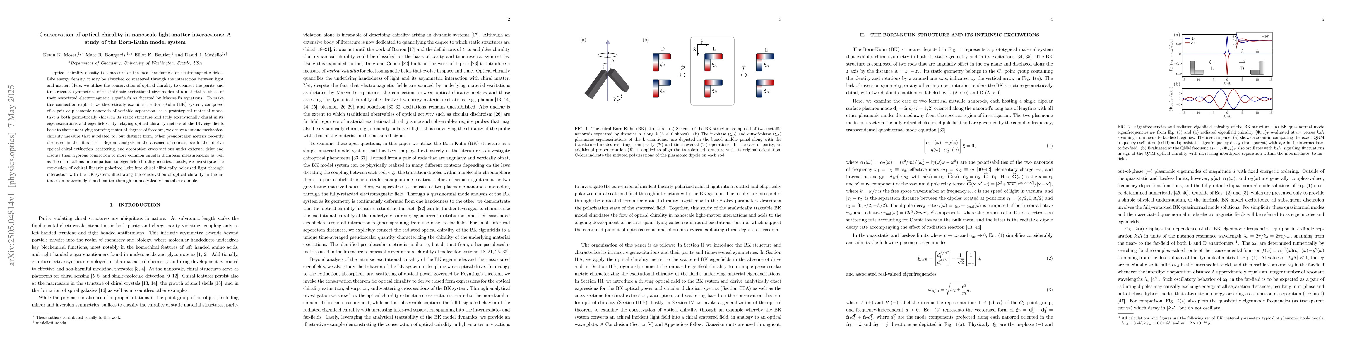 Thumbnail for Conservation of optical chirality in nanoscale light-matter
  interactions: A study of the Born-Kuhn model system