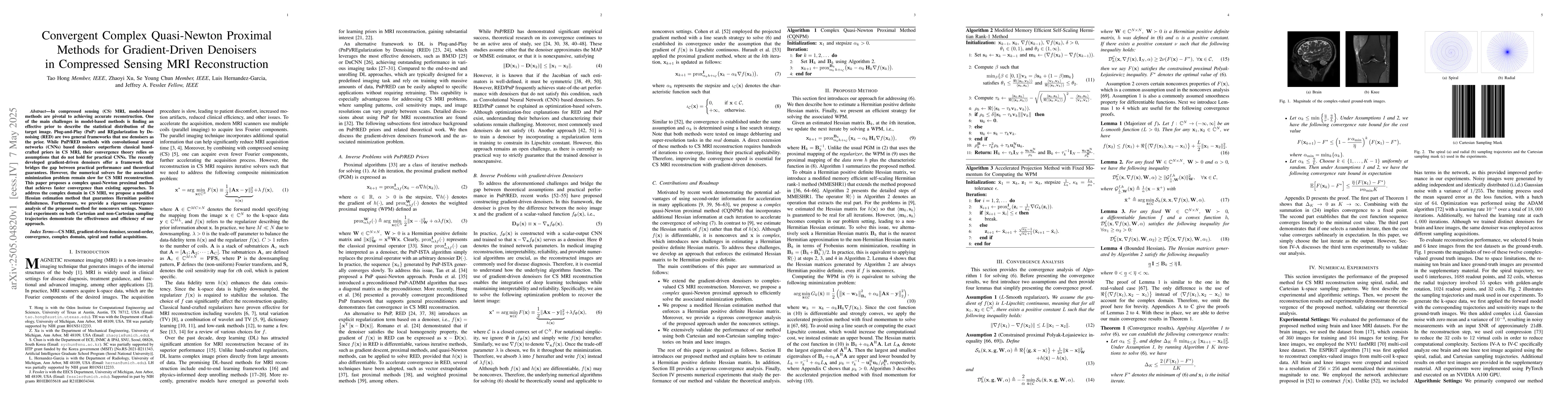 Thumbnail for Convergent Complex Quasi-Newton Proximal Methods for Gradient-Driven
  Denoisers in Compressed Sensing MRI Reconstruction