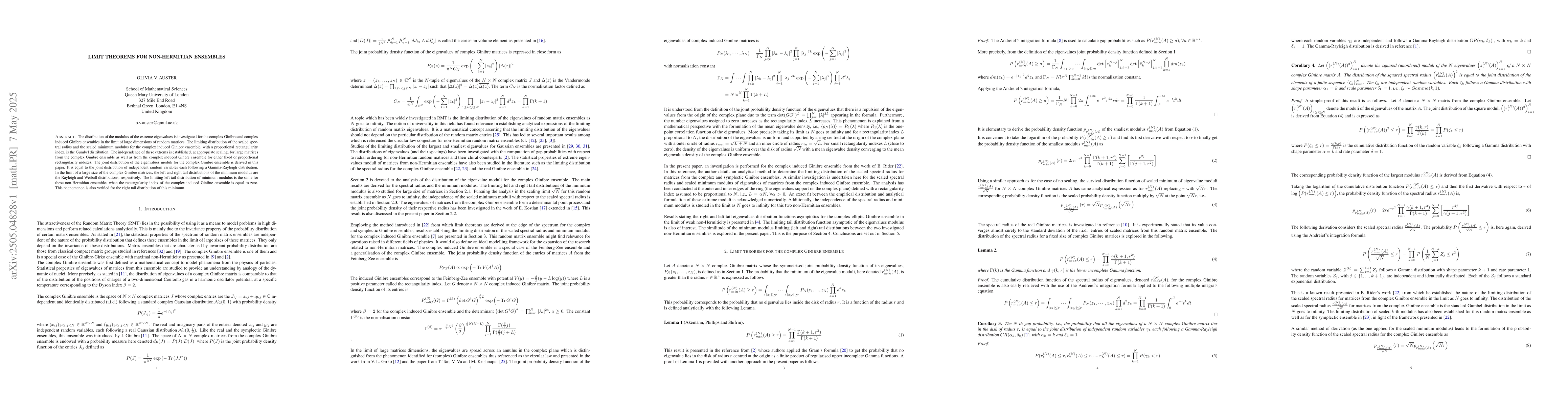 Thumbnail for Limit Theorems for non-Hermitian Ensembles