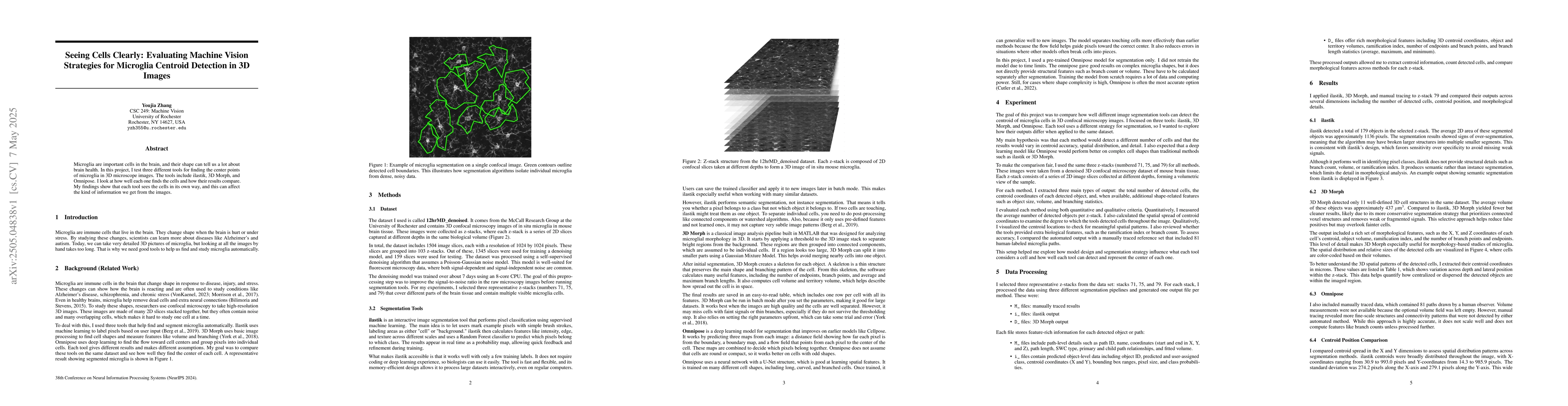 Thumbnail for Seeing Cells Clearly: Evaluating Machine Vision Strategies for Microglia
  Centroid Detection in 3D Images