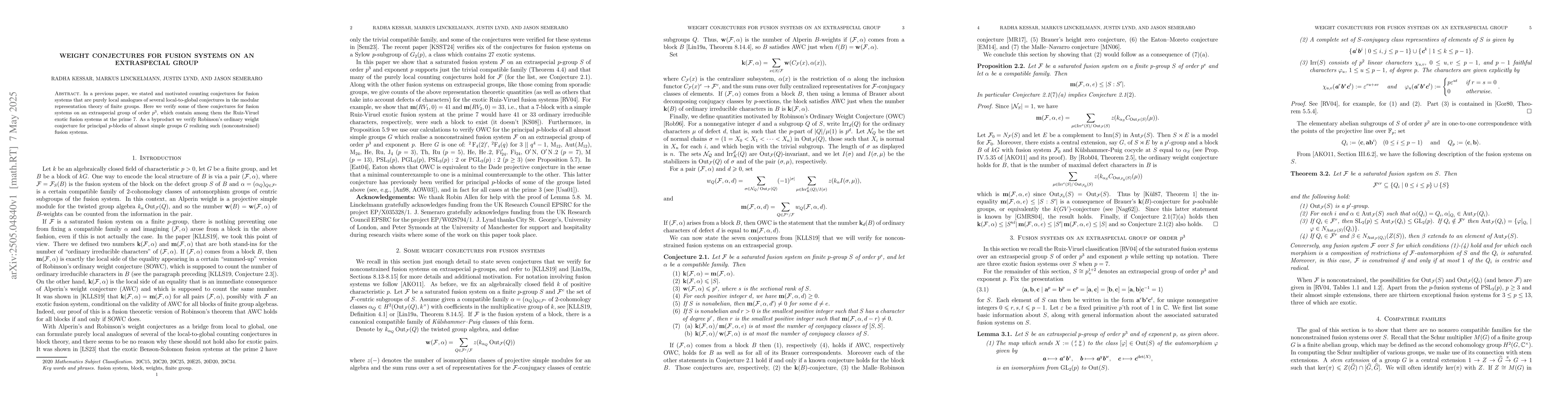 Thumbnail for Weight conjectures for fusion systems on an extraspecial group