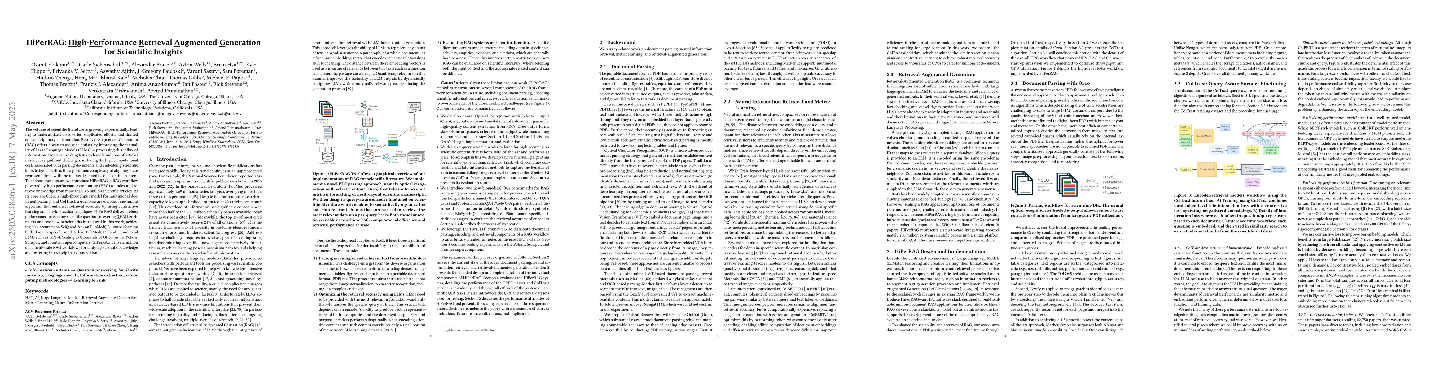 Thumbnail for HiPerRAG: High-Performance Retrieval Augmented Generation for Scientific
  Insights