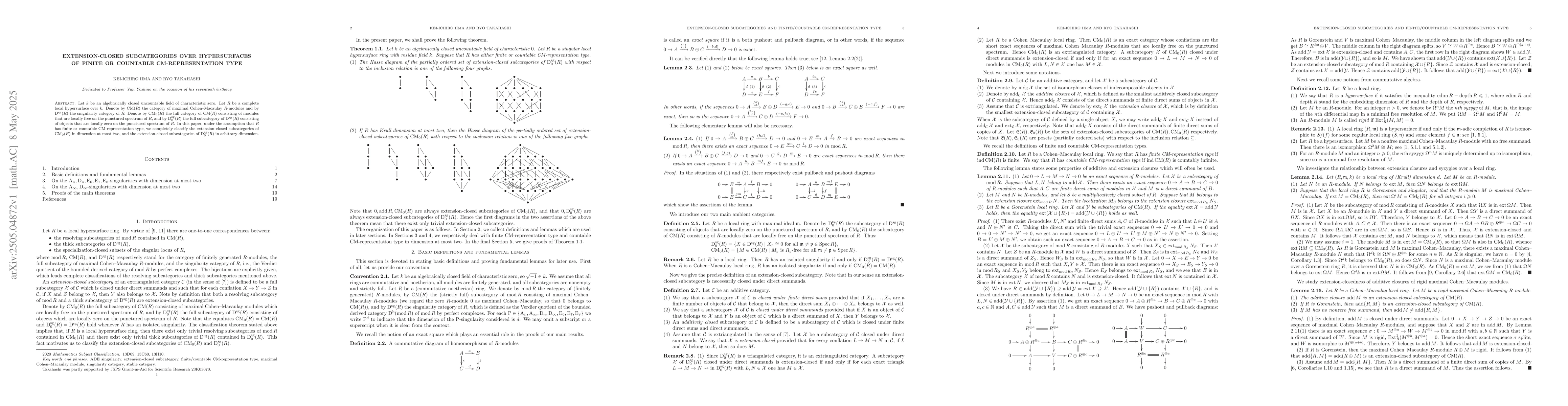 Thumbnail for Extension-closed subcategories over hypersurfaces of finite or countable
  CM-representation type
