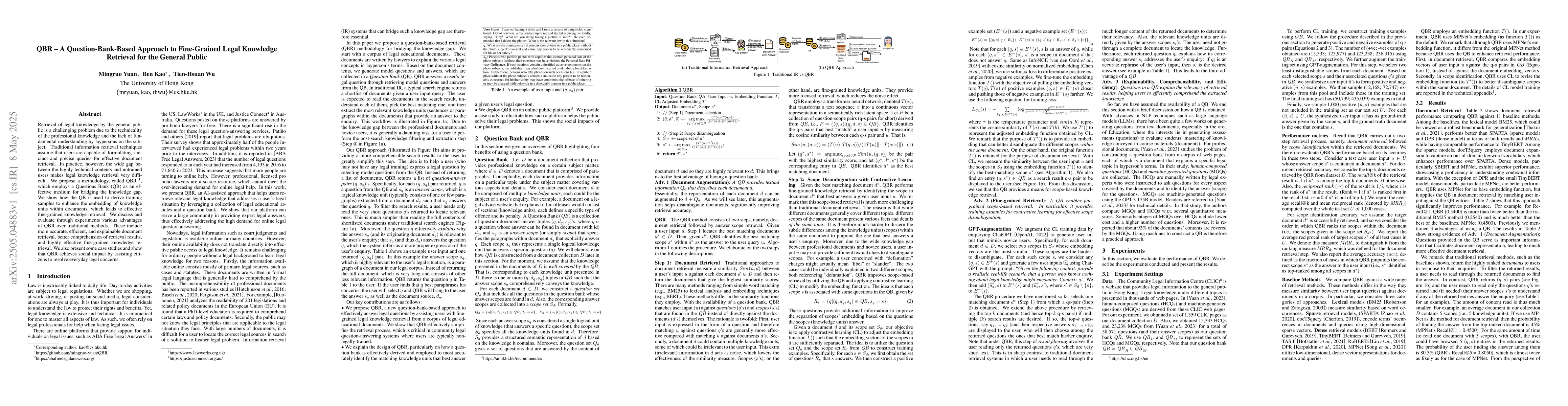 Thumbnail for QBR: A Question-Bank-Based Approach to Fine-Grained Legal Knowledge
  Retrieval for the General Public
