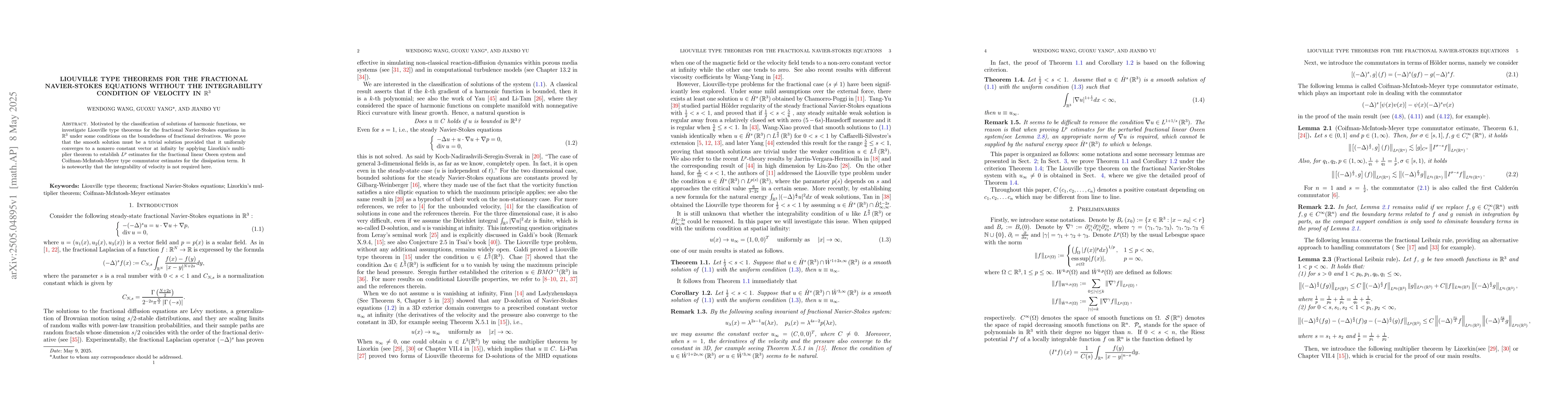 Thumbnail for Liouville type theorems for the fractional Navier-Stokes equations
  without the integrability condition of velocity in $\mathbb{R}^3$