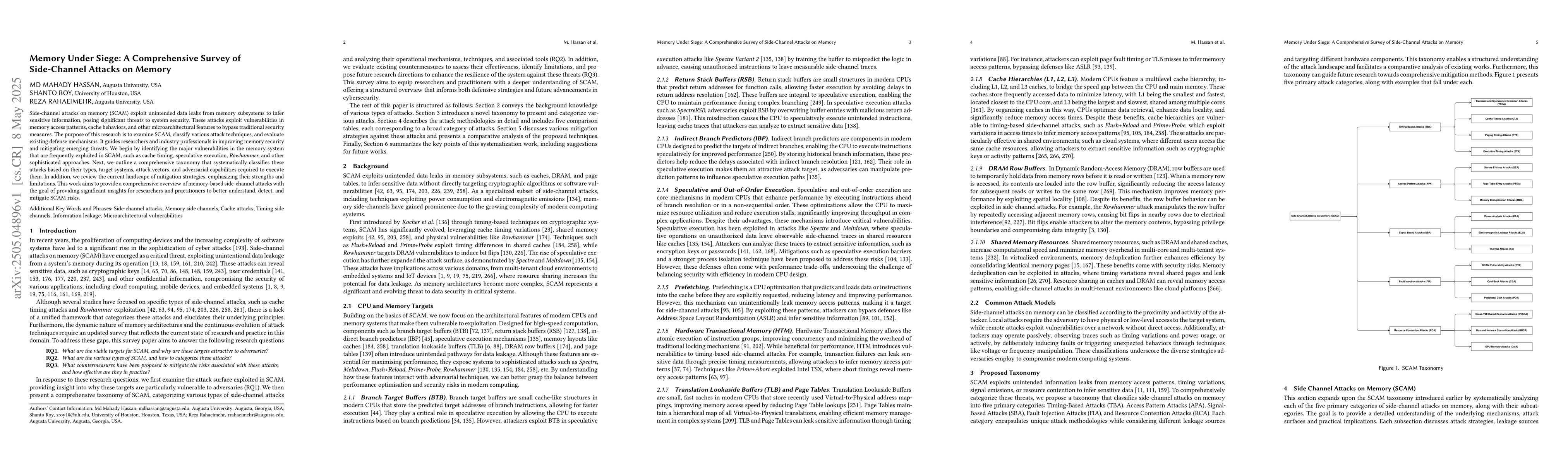 Thumbnail for Memory Under Siege: A Comprehensive Survey of Side-Channel Attacks on
  Memory