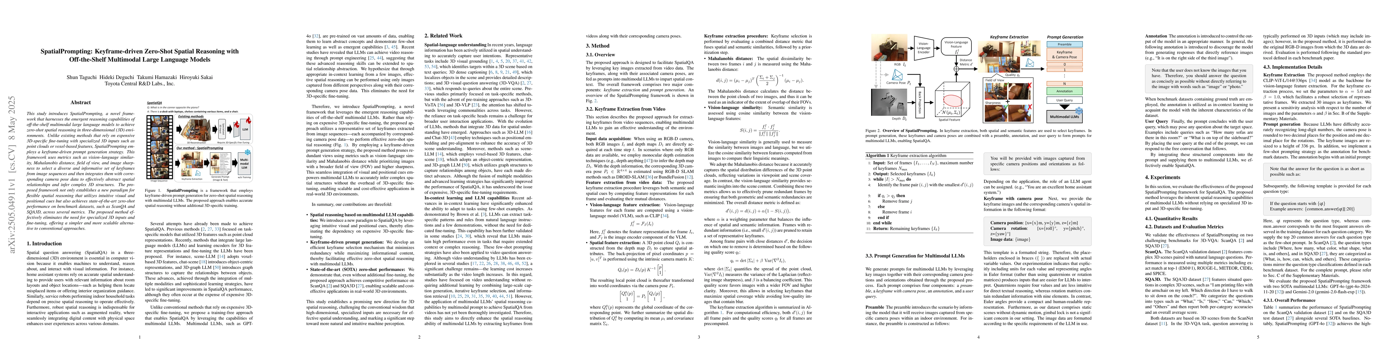 Thumbnail for SpatialPrompting: Keyframe-driven Zero-Shot Spatial Reasoning with
  Off-the-Shelf Multimodal Large Language Models